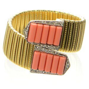 Kenneth Jay Lane Gold-tone Coral & Crystal Bypass Flexible Cuff Bracelet